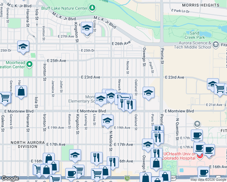 map of restaurants, bars, coffee shops, grocery stores, and more near 2231 Newark Street in Aurora