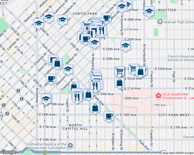 map of restaurants, bars, coffee shops, grocery stores, and more near 2227 North Clarkson street in Denver