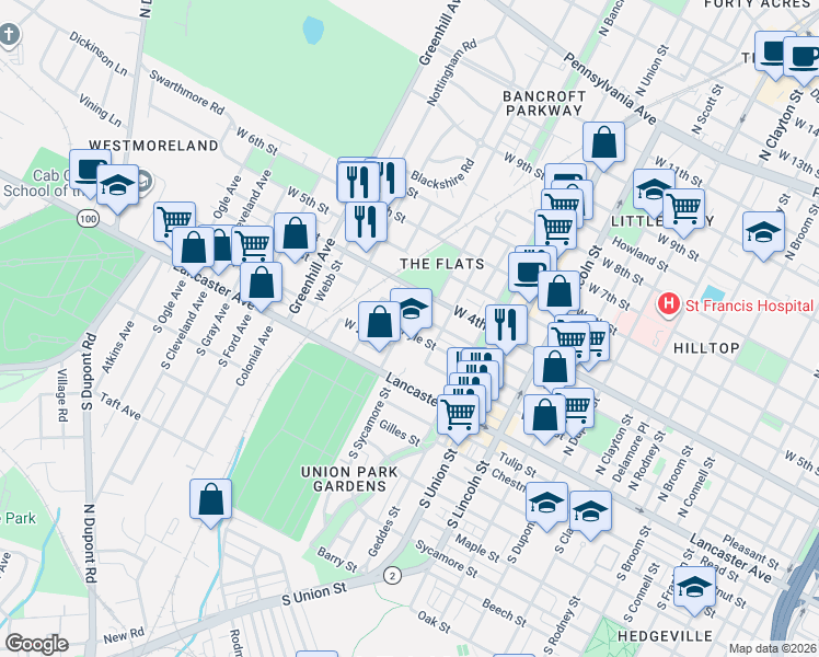 map of restaurants, bars, coffee shops, grocery stores, and more near 2303 Pyle Street in Wilmington