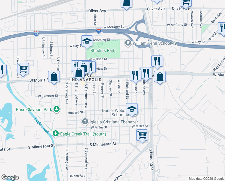 map of restaurants, bars, coffee shops, grocery stores, and more near 1231 Shepard Street in Indianapolis