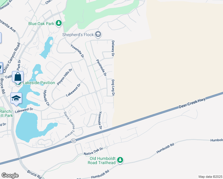 map of restaurants, bars, coffee shops, grocery stores, and more near 1226 Dog Leg Drive in Chico