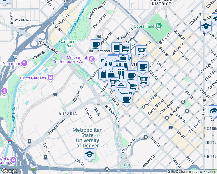 map of restaurants, bars, coffee shops, grocery stores, and more near 1420 Wazee Street in Denver
