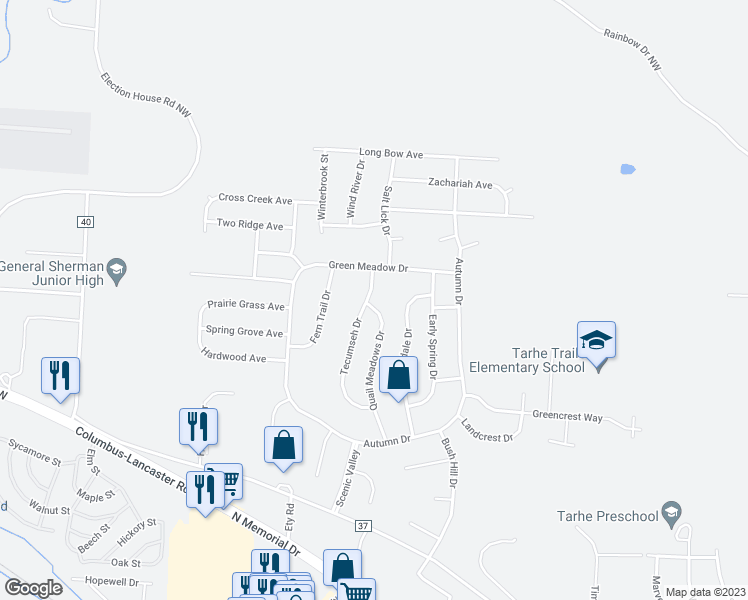 map of restaurants, bars, coffee shops, grocery stores, and more near 1760 Tecumseh Drive in Lancaster