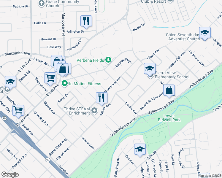 map of restaurants, bars, coffee shops, grocery stores, and more near 1471 Hawthorne Avenue in Chico