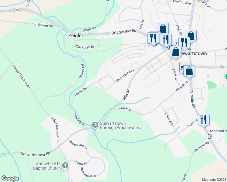 map of restaurants, bars, coffee shops, grocery stores, and more near 92 Cemetery Avenue in Stewartstown