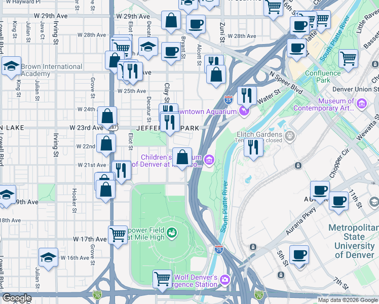 map of restaurants, bars, coffee shops, grocery stores, and more near 2180 Bryant Street in Denver