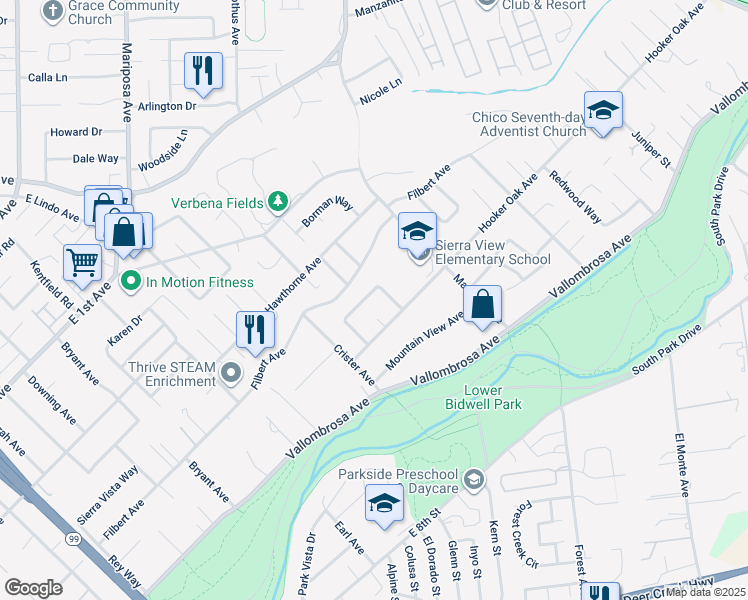 map of restaurants, bars, coffee shops, grocery stores, and more near 55 Saint Francis Drive in Chico