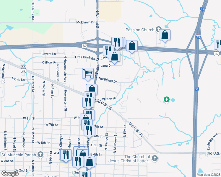 map of restaurants, bars, coffee shops, grocery stores, and more near 504 Northland Drive in Cameron