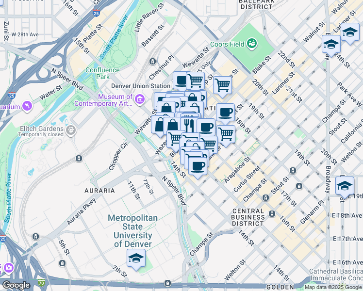 map of restaurants, bars, coffee shops, grocery stores, and more near in Denver
