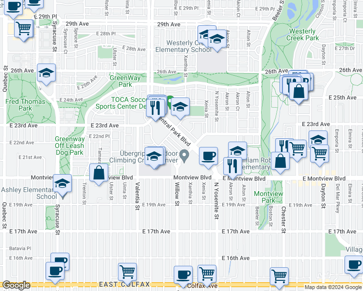 map of restaurants, bars, coffee shops, grocery stores, and more near 2177 Central Park Boulevard in Denver