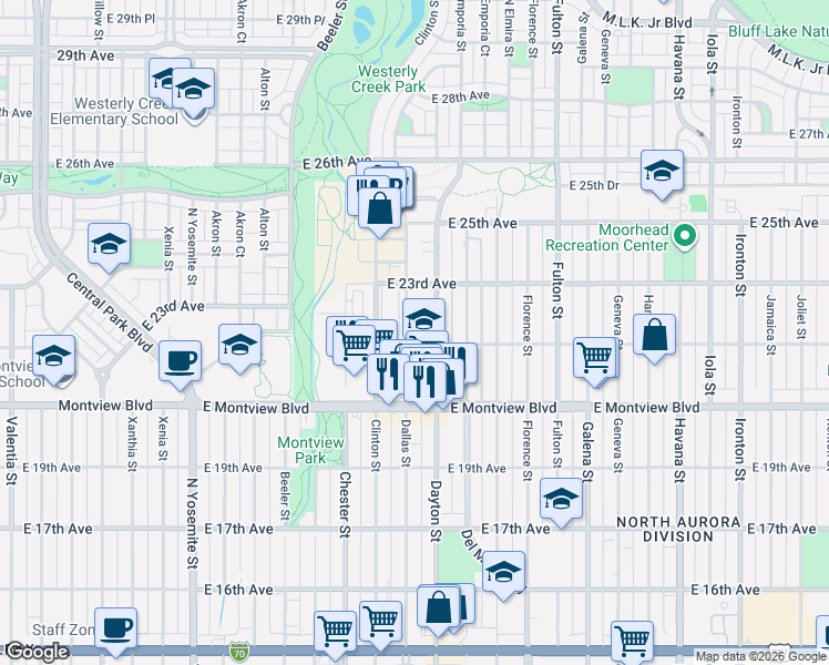 map of restaurants, bars, coffee shops, grocery stores, and more near 2201 Dayton Street in Aurora