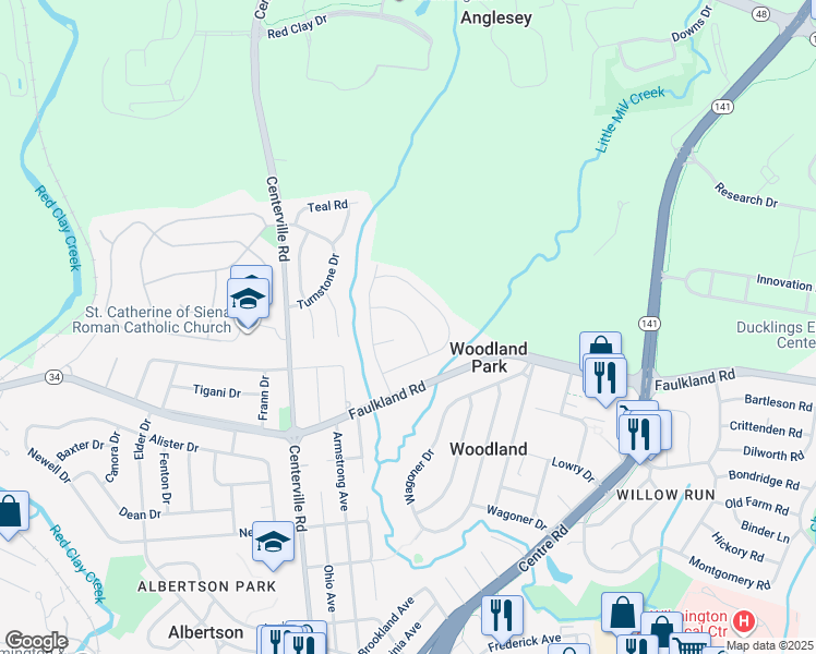 map of restaurants, bars, coffee shops, grocery stores, and more near 2108 Peachtree Drive in Wilmington