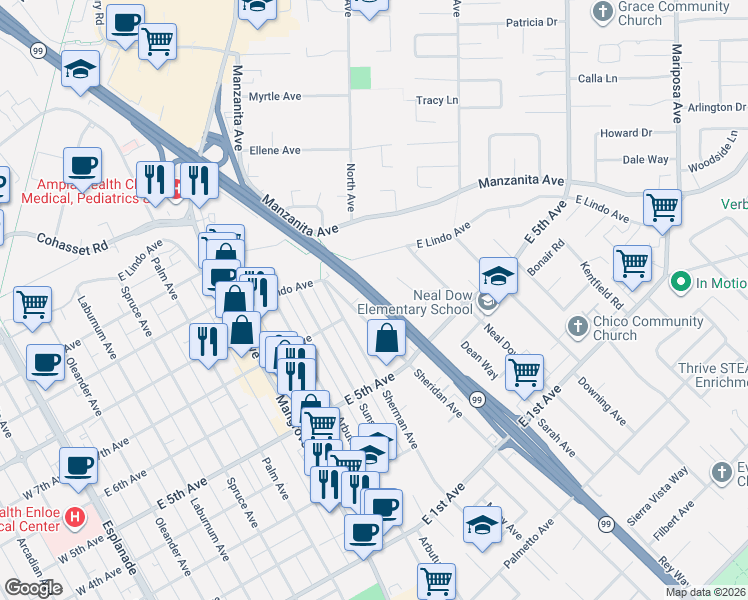 map of restaurants, bars, coffee shops, grocery stores, and more near US-99 in Chico