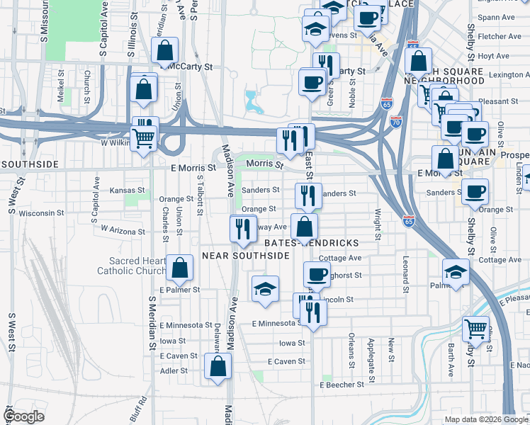 map of restaurants, bars, coffee shops, grocery stores, and more near 321 Orange Street in Indianapolis
