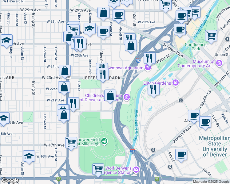 map of restaurants, bars, coffee shops, grocery stores, and more near 2180 North Bryant Street in Denver