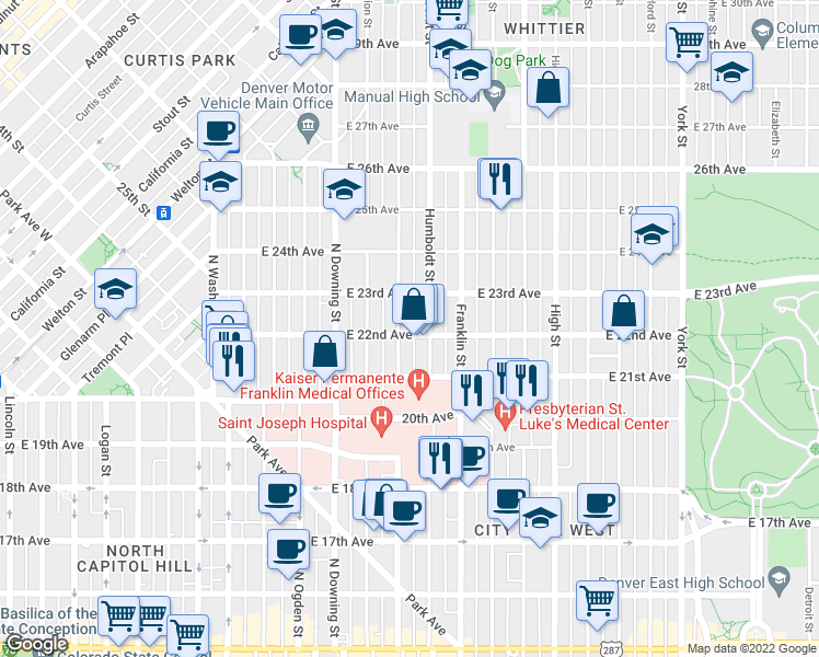 map of restaurants, bars, coffee shops, grocery stores, and more near 2233 Humboldt Street in Denver