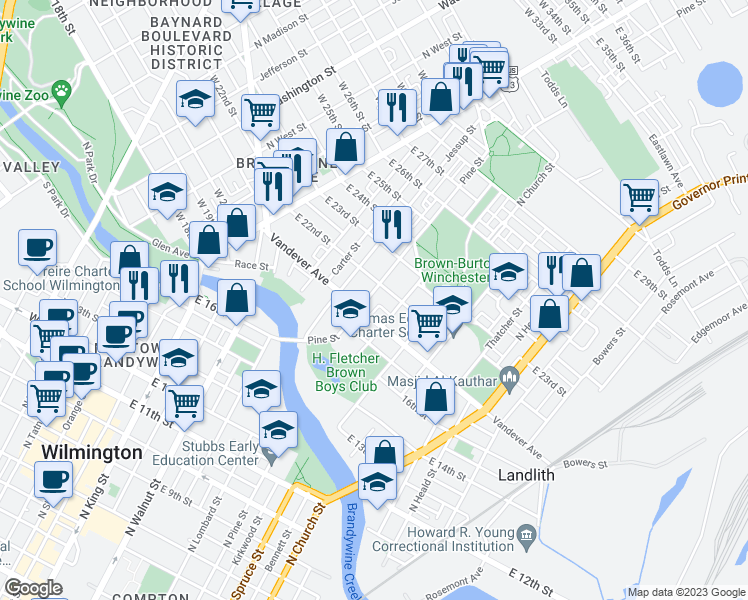 map of restaurants, bars, coffee shops, grocery stores, and more near 2102 Pine Street in Wilmington
