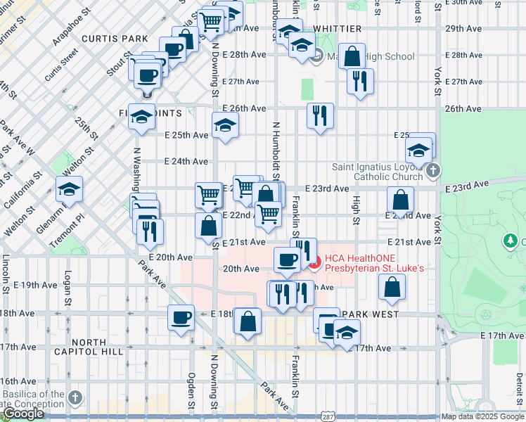 map of restaurants, bars, coffee shops, grocery stores, and more near 2233 Humboldt Street in Denver