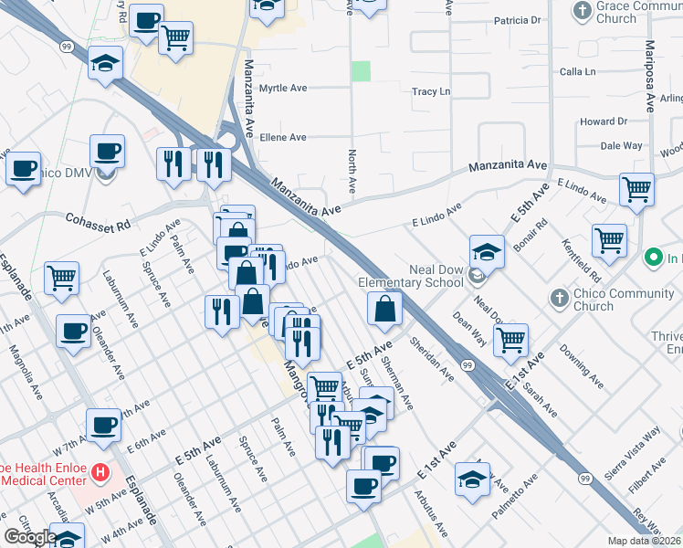 map of restaurants, bars, coffee shops, grocery stores, and more near 1712 Sherman Avenue in Chico
