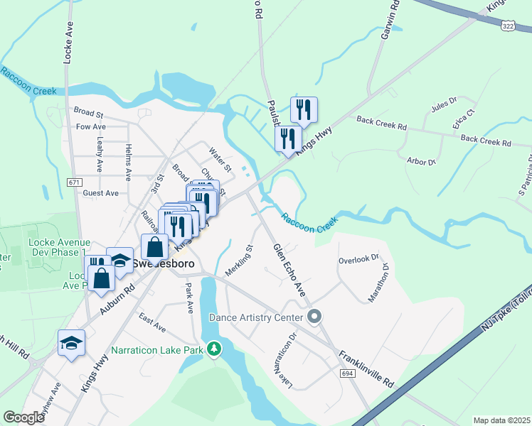 map of restaurants, bars, coffee shops, grocery stores, and more near 5 Glen Echo Avenue in Swedesboro