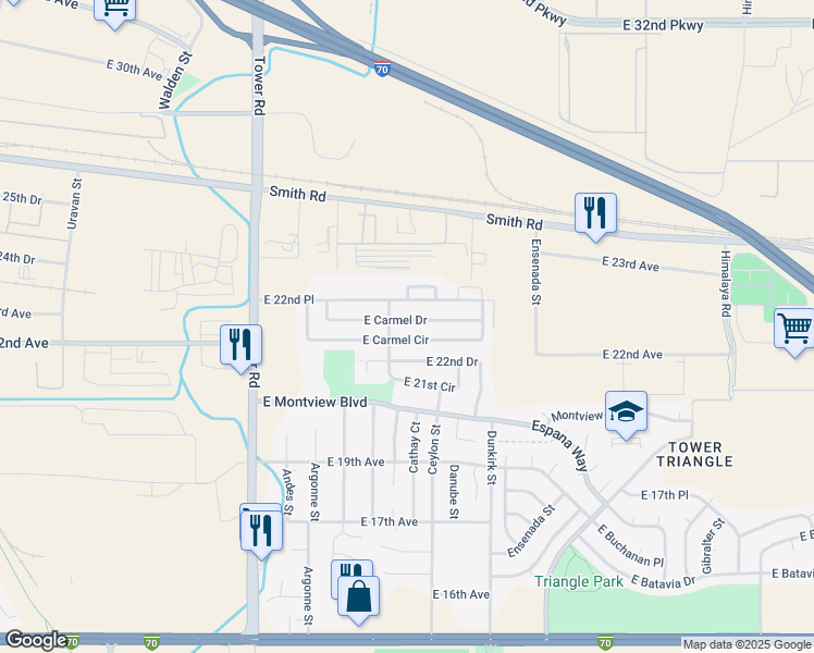 map of restaurants, bars, coffee shops, grocery stores, and more near 19057 East Carmel Drive in Aurora