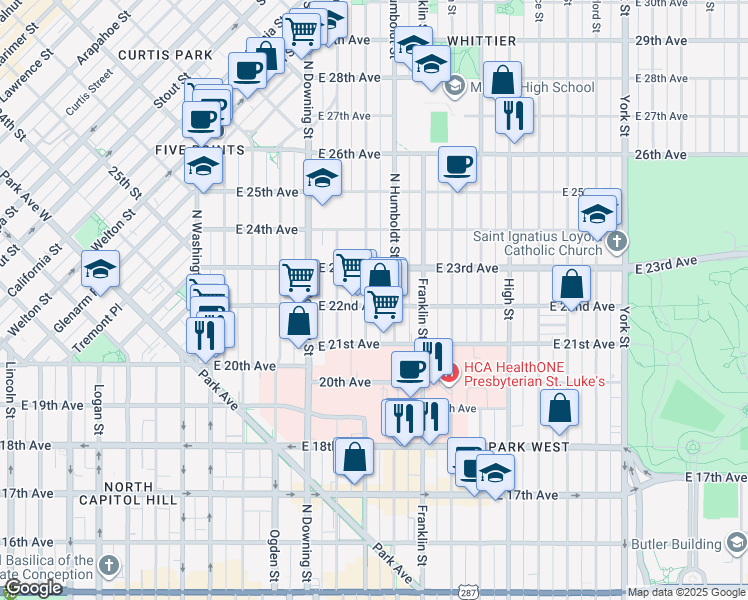 map of restaurants, bars, coffee shops, grocery stores, and more near 2233 Humboldt Street in Denver