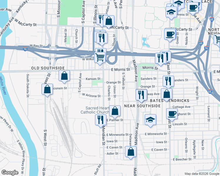 map of restaurants, bars, coffee shops, grocery stores, and more near 1312 Charles Street in Indianapolis