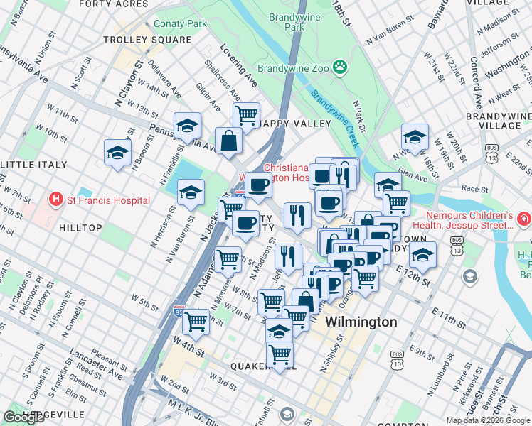 map of restaurants, bars, coffee shops, grocery stores, and more near 800 Delaware Avenue in Wilmington