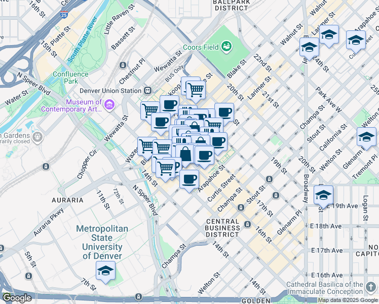 map of restaurants, bars, coffee shops, grocery stores, and more near 1645 Larimer Street in Denver