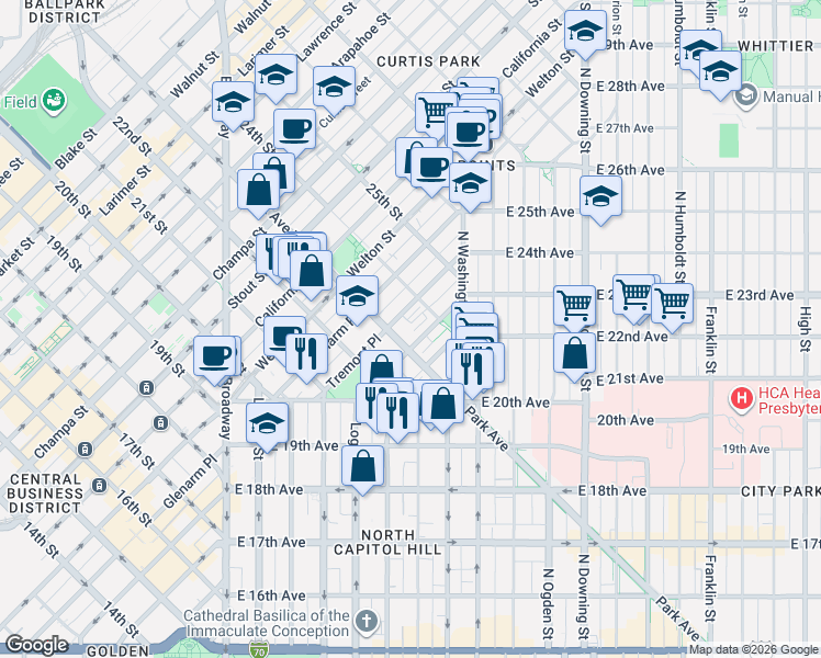 map of restaurants, bars, coffee shops, grocery stores, and more near 2333 Tremont Place in Denver
