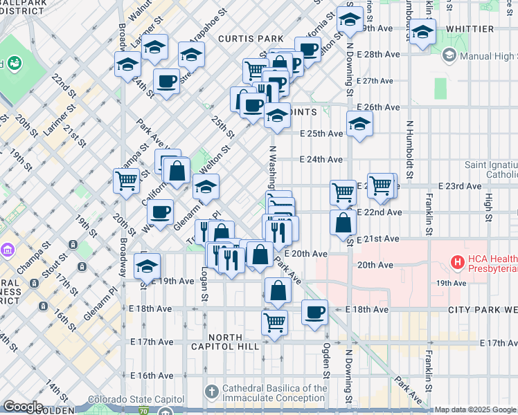 map of restaurants, bars, coffee shops, grocery stores, and more near 2380 Court Place in Denver