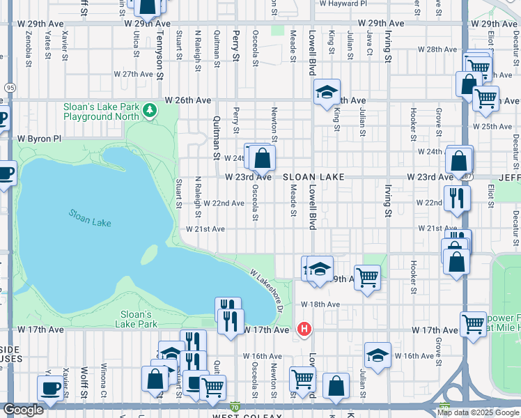 map of restaurants, bars, coffee shops, grocery stores, and more near 2150 Osceola Street in Denver