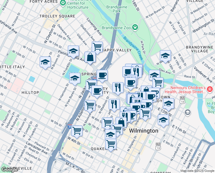 map of restaurants, bars, coffee shops, grocery stores, and more near 800 Delaware 52 in Wilmington