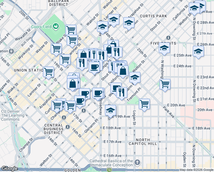 map of restaurants, bars, coffee shops, grocery stores, and more near 2131 California Street in Denver