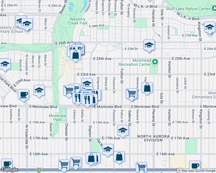 map of restaurants, bars, coffee shops, grocery stores, and more near 2232 Elmira Street in Aurora