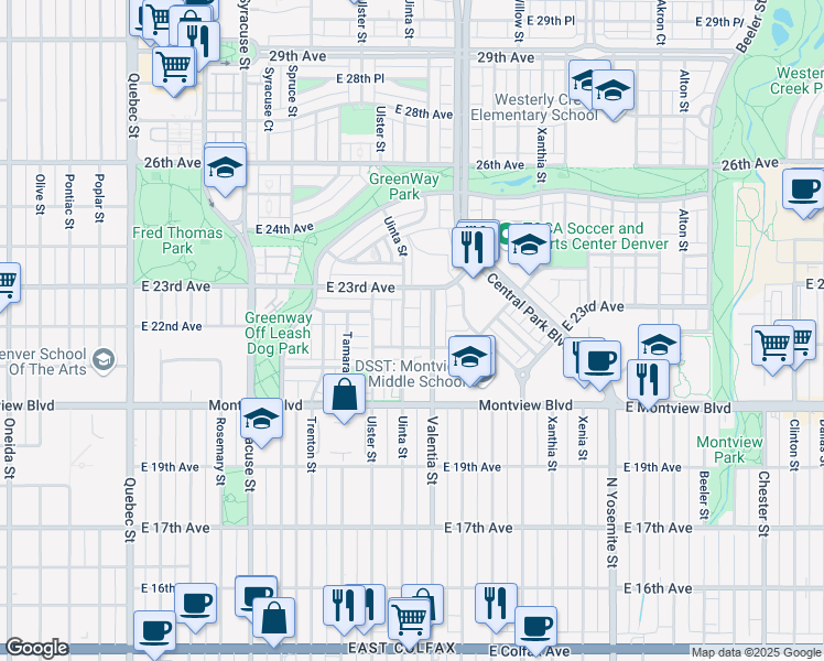 map of restaurants, bars, coffee shops, grocery stores, and more near 2243 Valentia Street in Denver