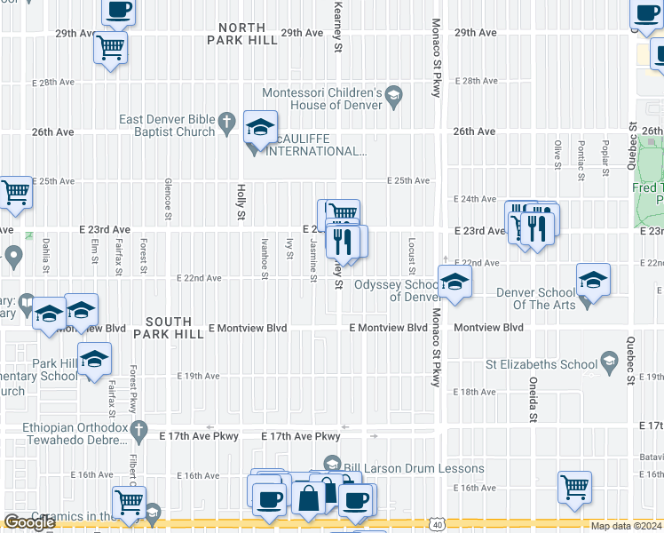 map of restaurants, bars, coffee shops, grocery stores, and more near 2250 Kearney Street in Denver