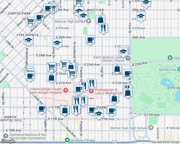 map of restaurants, bars, coffee shops, grocery stores, and more near 2224 Gilpin Street in Denver