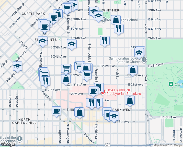 map of restaurants, bars, coffee shops, grocery stores, and more near 2233 Humboldt Street in Denver
