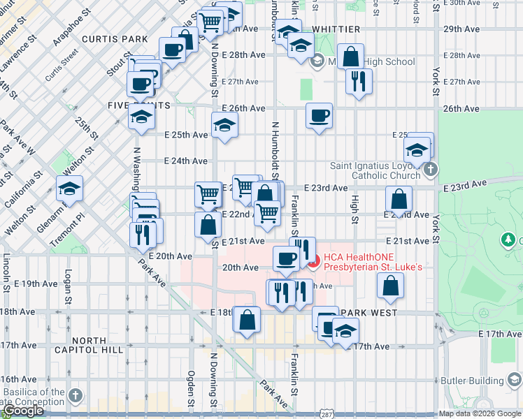 map of restaurants, bars, coffee shops, grocery stores, and more near 2233 Humboldt Street in Denver