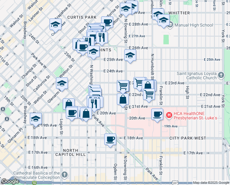 map of restaurants, bars, coffee shops, grocery stores, and more near 2225 North Ogden Street in Denver
