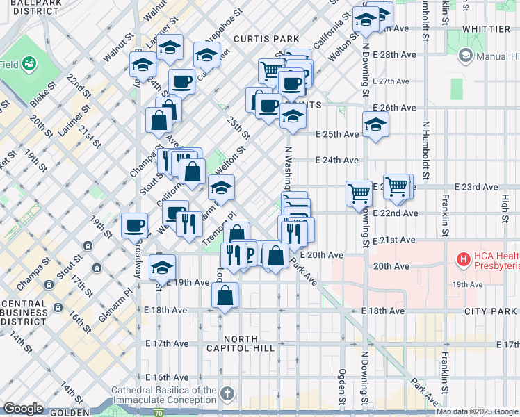 map of restaurants, bars, coffee shops, grocery stores, and more near 2333 Tremont Place in Denver