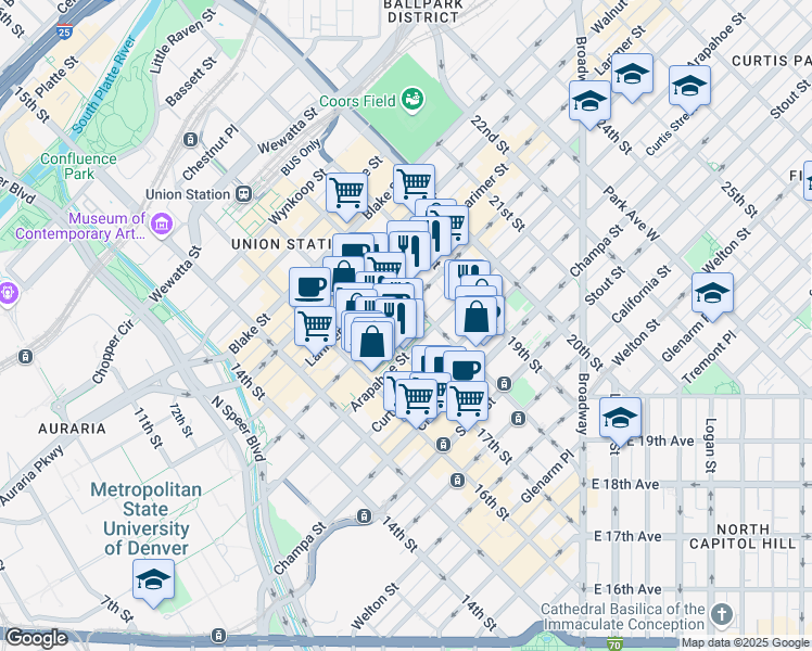 map of restaurants, bars, coffee shops, grocery stores, and more near 1001 17th Street in Denver