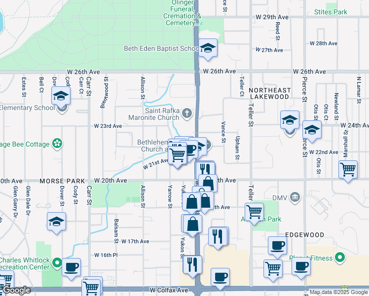 map of restaurants, bars, coffee shops, grocery stores, and more near 2201 Wadsworth Boulevard in Lakewood