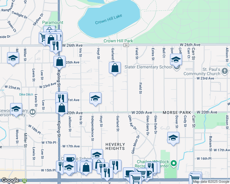 map of restaurants, bars, coffee shops, grocery stores, and more near 2140 Garland Street in Lakewood