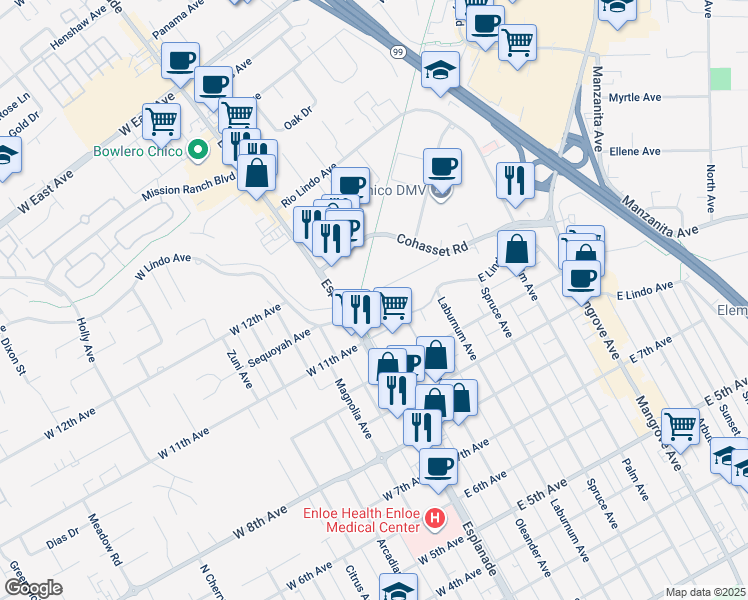 map of restaurants, bars, coffee shops, grocery stores, and more near 179 Cohasset Lane in Chico