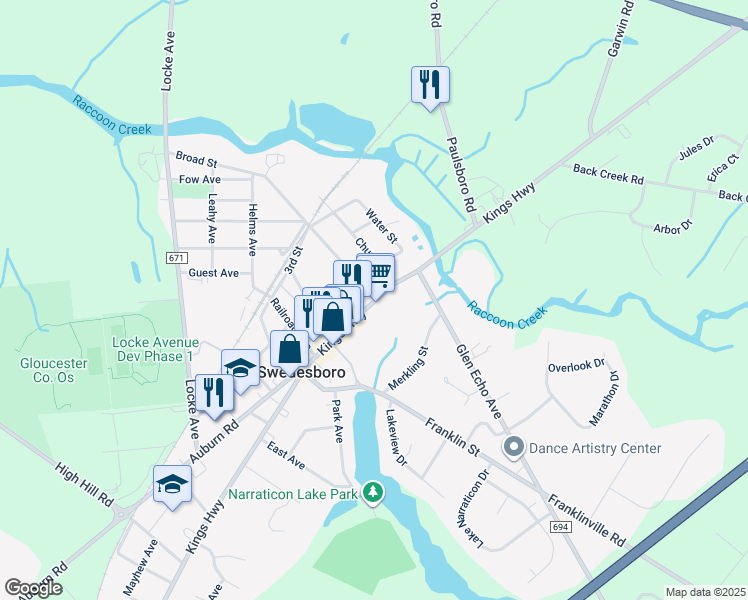 map of restaurants, bars, coffee shops, grocery stores, and more near 1215 Kings Highway in Swedesboro
