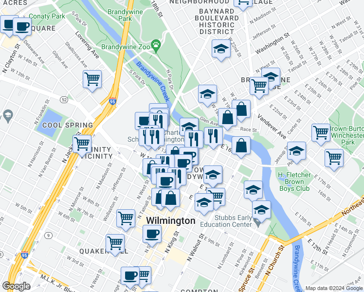 map of restaurants, bars, coffee shops, grocery stores, and more near 119 Winchester Place in Wilmington