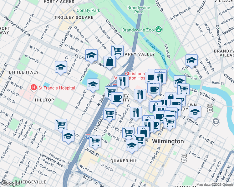 map of restaurants, bars, coffee shops, grocery stores, and more near 1104 North Adams Street in Wilmington