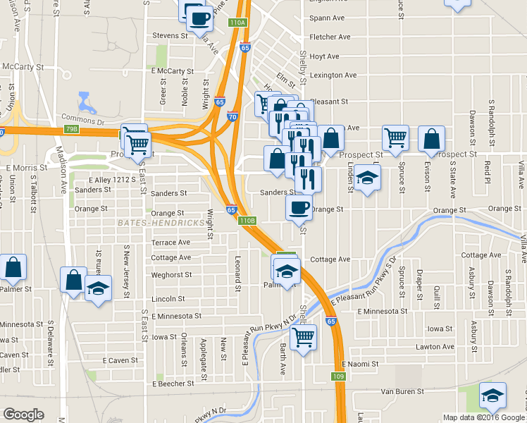 map of restaurants, bars, coffee shops, grocery stores, and more near 1248 Ringgold Avenue in Indianapolis